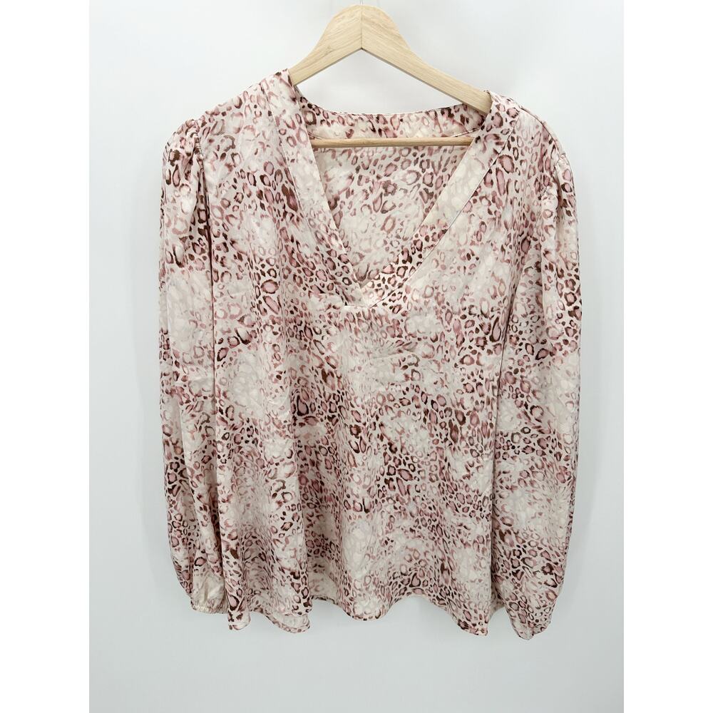 Ophelia Roe Women 1X‎ Pink Cream Cheetah Print V-Neck Long Sleeve Blouse FG18